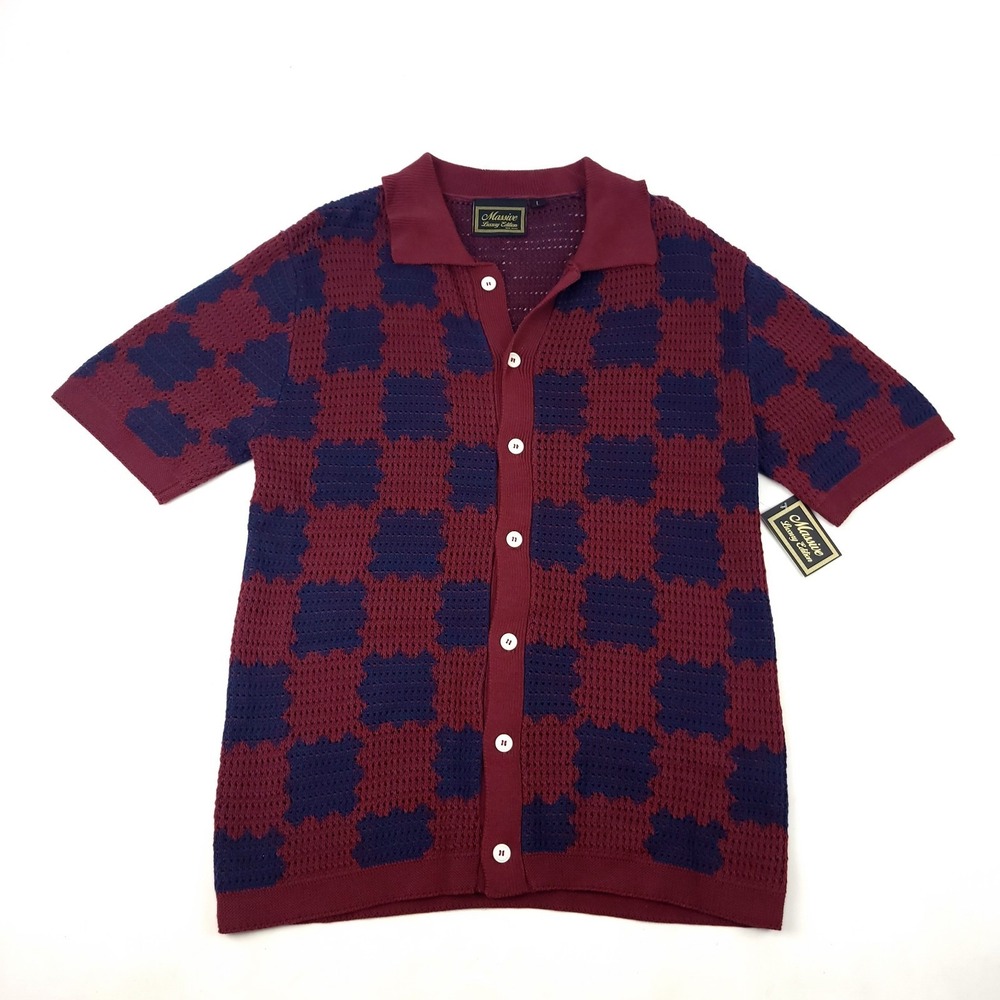 Massive Luxury Edition Crochet Knitted Shirt Maroon Size Large Cotton Check New‎